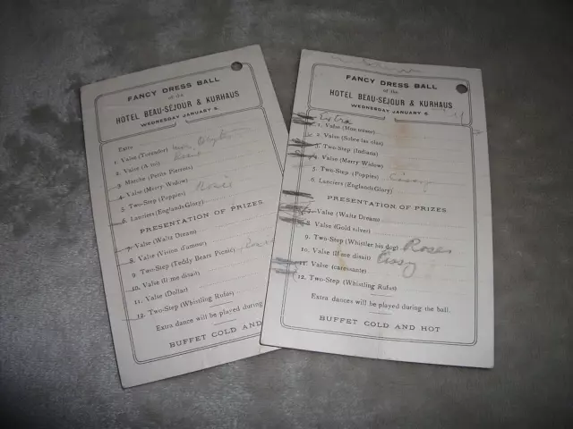 Hotel Beau-Sejour & Kurhaus. 2 Dance Cards Annual Fancy Dress Ball 1909 & 1910