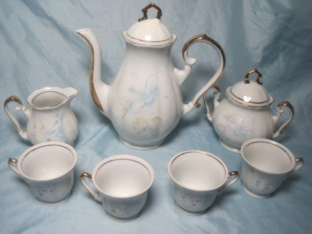 9 Piece Antique Bone China Tea Pot demitasse cup Creamer & Sugar THICK GOLD GILT