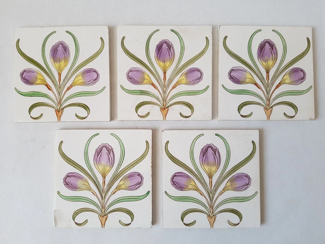 5x Antique Carl Teichert Meissen Art Nouveau Tile with Tulip Floral decor