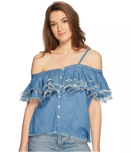 Blank NYC Asymmetric Raw Edge Ruffle Denim Shirt in Making Waves Sz. M 152927