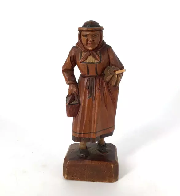 Vintage Wood hand carved Figure Folk Art old Woman Shopping bag umbrella