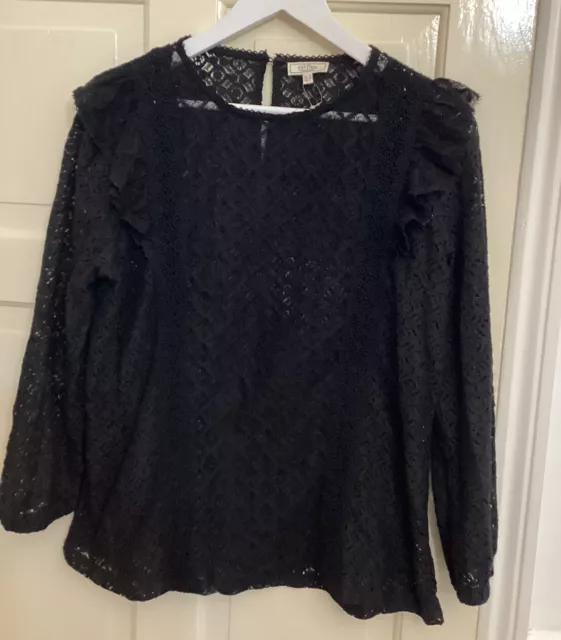 Ladies Fat Face Black Lacy Frilly Embroidered Top Size 12 Going Out