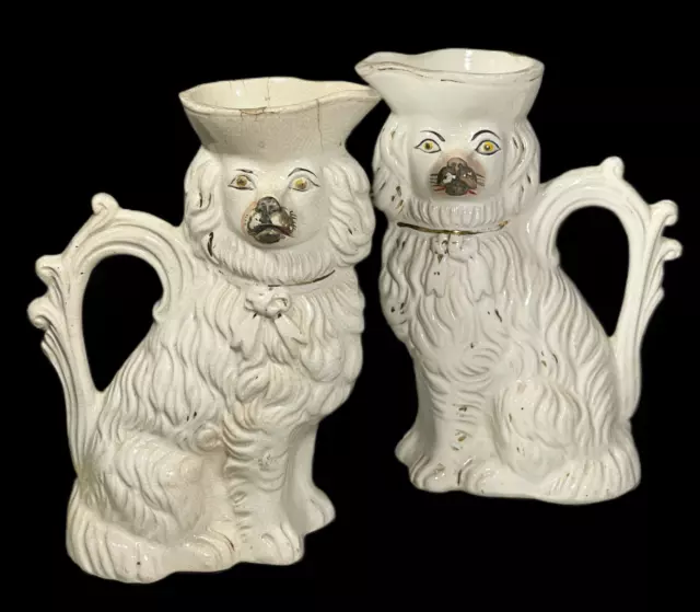 Pair Rare Early 19Th Century Staffordshire King Charles Spaniel Ceramic Pitchers