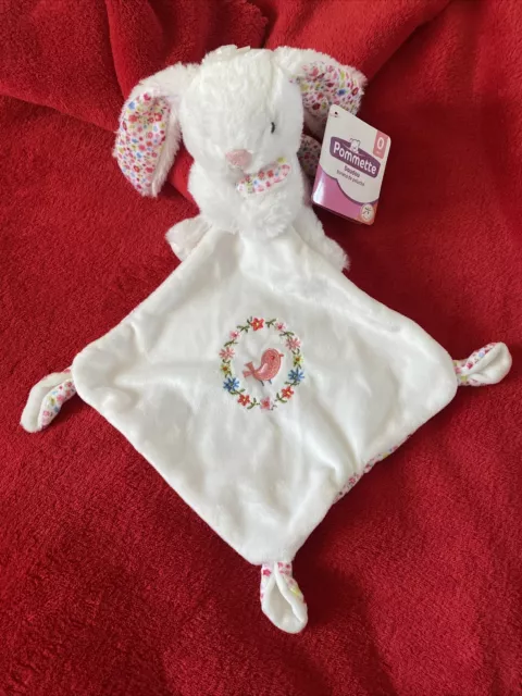 🇫🇷Doudou Lapin Blanc Mouchoir Brodé Oiseau Rose Fleur Liberty POMMETTE NEUF