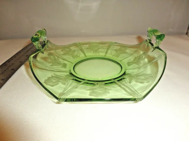 Vintage Fostoria ? Green Etched Glass Server Dish With Handles