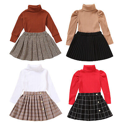 Kids Girls Outfit Dress Long Sleeves Crochet Tops Plaid Print Pleated Skirt Set