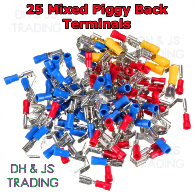 25 Mixed Piggyback Terminals Electrical Red Blue Yellow Crimp Piggy Back 6.3mm