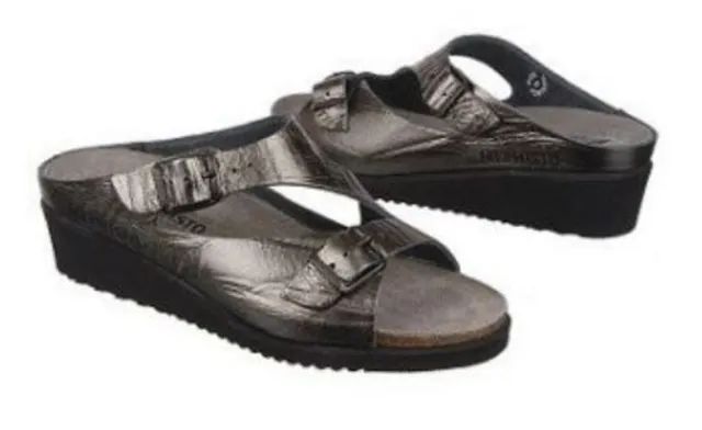 Mephisto 42/12 "ELKA" leather metallic silver/grey/pewter comfort slide sandals