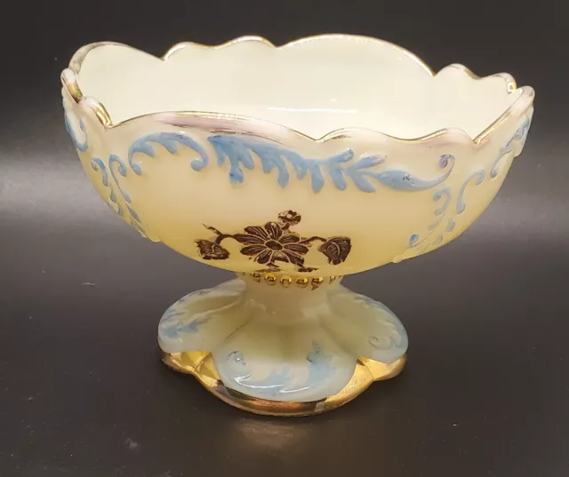 Northwood Victorian Custard Glass Intaglio Pedestal  Sherbet/Berry w/Blue & Gilt