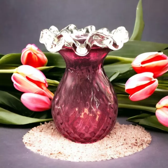 Vintage Rossi Cranberry Glass Vase w/ Crystal Edge