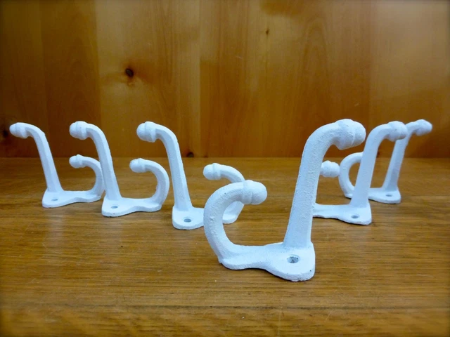6 WHITE ANTIQUE-STYLE DOUBLE SCHOOL COAT HOOKS RUSTIC CAST IRON 3" wall hardware