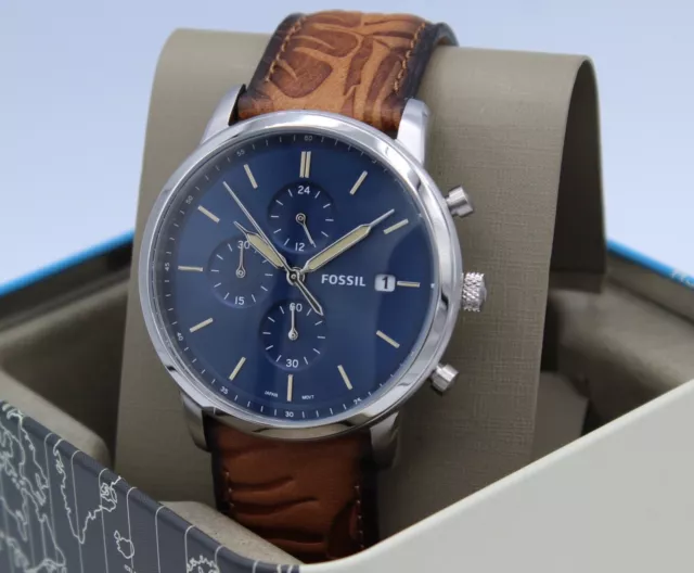 New Authentic Fossil Minimalist Silver Blue Brown Leather Men Fs5928 Watch