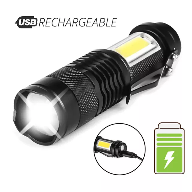 Mini LED Flashlight Torch 800LM COB Work Light Floodlight Zoomable USB Charging