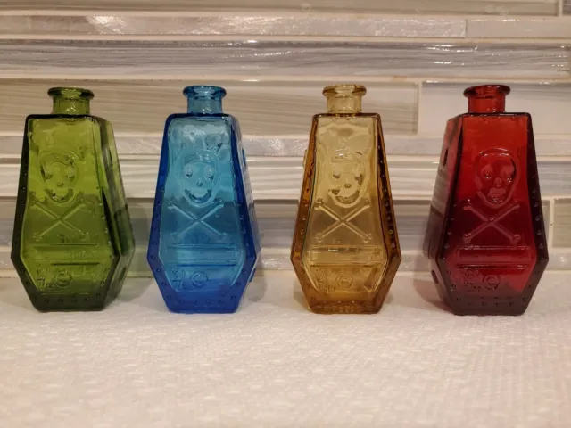 Vintage Wheaton Glass Set of Four Skull & Crossbones RIP  Coffin Poison 3"