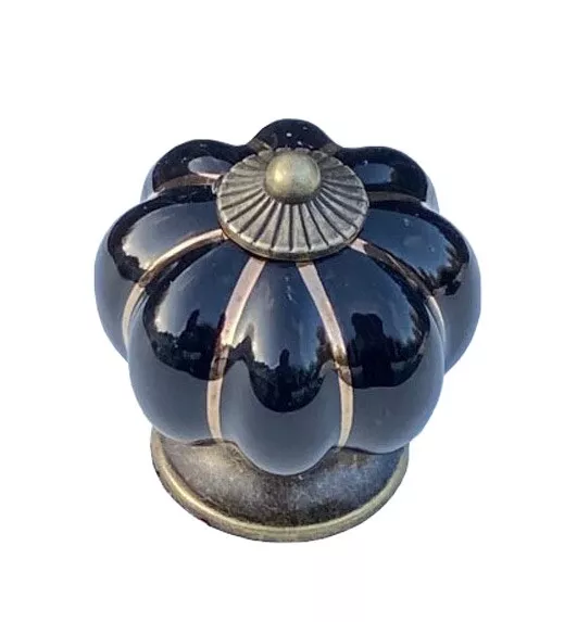 Bright Black Ceramic Cabinet Door Knobs. Drawer Pulls. Vintage Pumpkin Style