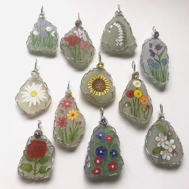 Sea glass Hand Painted FLOWER necklaces - Wildflowers gardening gift art floral 2