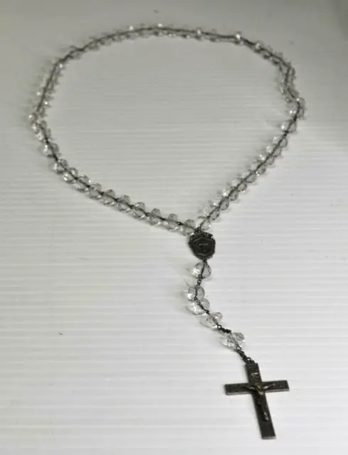 Vtg Clear Large Bead Rosary on Silver Tone Metal Chain