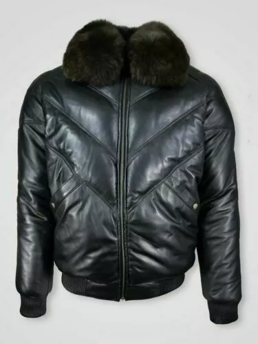 Ens Bubble V Bomber Sheepskin Leather Jacket With Fox Fur Collar