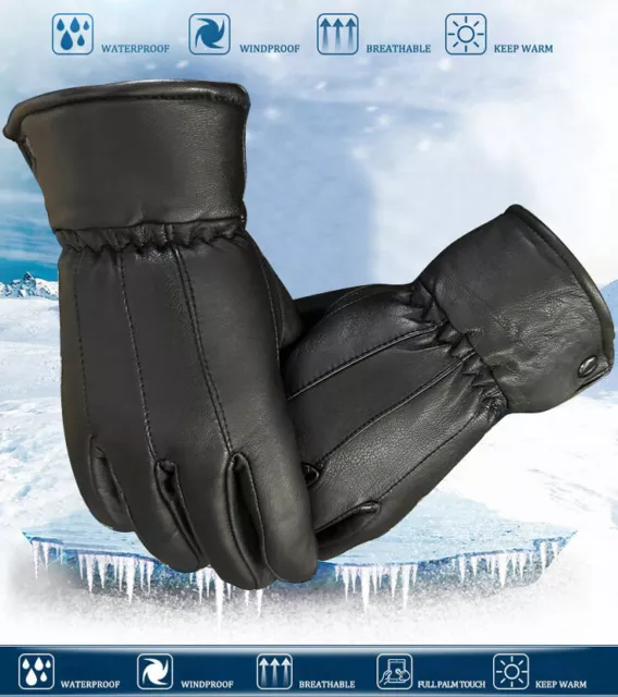 Mens Black Leather driving Winter Gloves Thermal Soft Fleece Lined