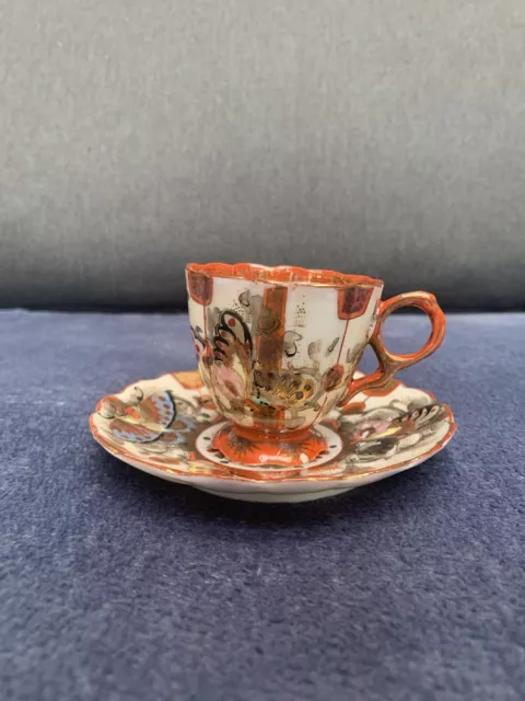 Antique Japanese Meiji Kutani porcelain butterflies tea cup & saucer signed 3