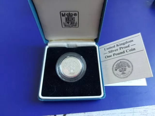 1987 £1 English Oak Tree Silver Proof One Pound Coin Boxed Royal Mint