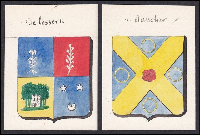 19. Siglo Delessert Rancher Francia Escudo Nobleza Abrigo De Arms Acuarela