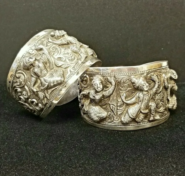 Pair of Antique BURMESE THABEIK Sterling Silver Heavy Repousse Cuff Bracelets