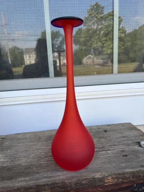 Carlo Moretti ? Red Satin Frosted Glass with Blue Lip Vase 12” Genie bottle