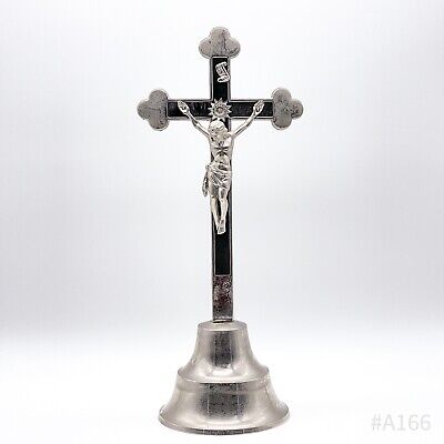 Vintage Tischkreuz Altar Cross Standing on Base Jesus Inri Metal - 14 3/8in