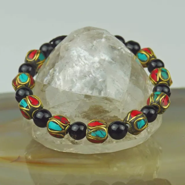 Edelstein Onyx Bracelet Noir Turquoise 8mm Bouddhisme Schützerknoten Laiton