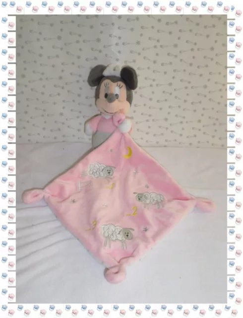 ♫  - Doudou Semi Plat  Minnie Mouchoir Rose  Broderies Moutons Lune Disney Baby
