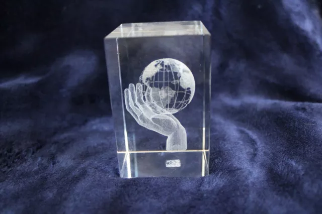 3D Laser Etched Glass Paperweight Cube "WHOLE WORLD IN HIS HANDS"