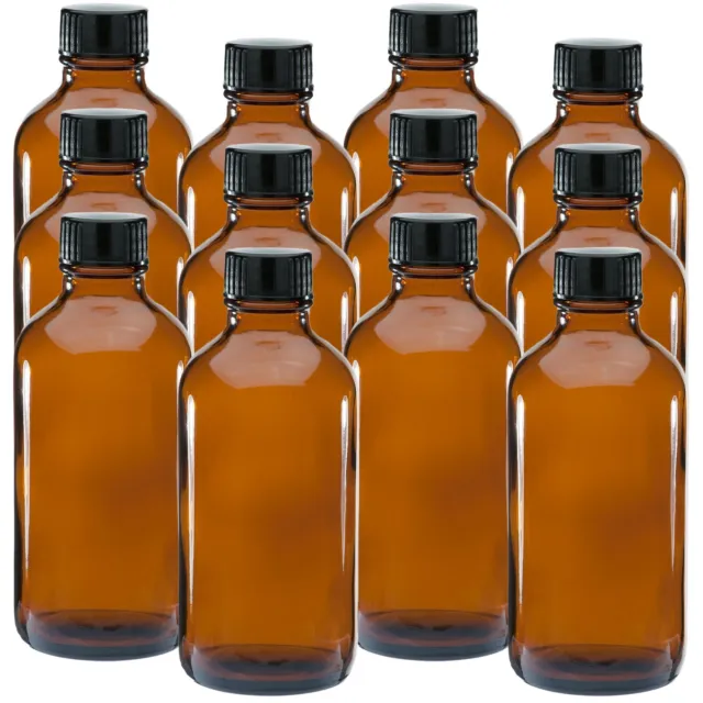 Alayna 4 oz Amber Glass Boston Round Bottles With Black Ribbed Cap - 12 Pack