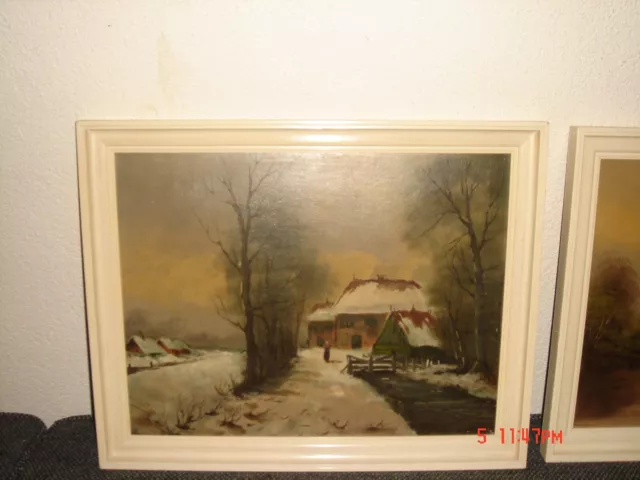 Old oil painting, { Winterlandscape with cottages near a river, is signed}.