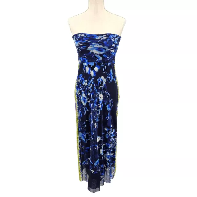 Fuzzi Jean Paul Gaultier Blue Floral Mesh Strapless Midi Dress Women's S Preppy