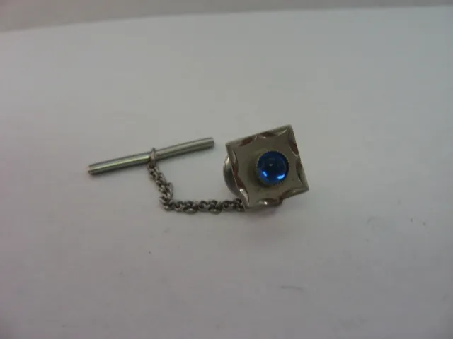 Lovely Vintage Mens Tie Tack Pin Jewelry: Silver Tone Square Blue Center