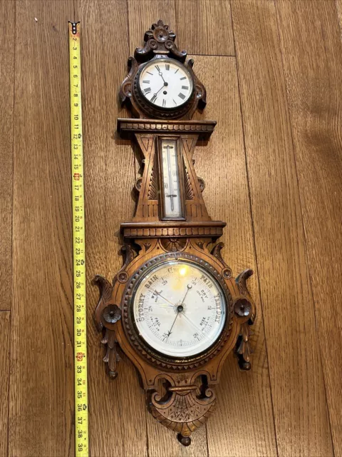 Antique English Victorian 40" Oak Clock Aneroid Barometer Thermometer Carved