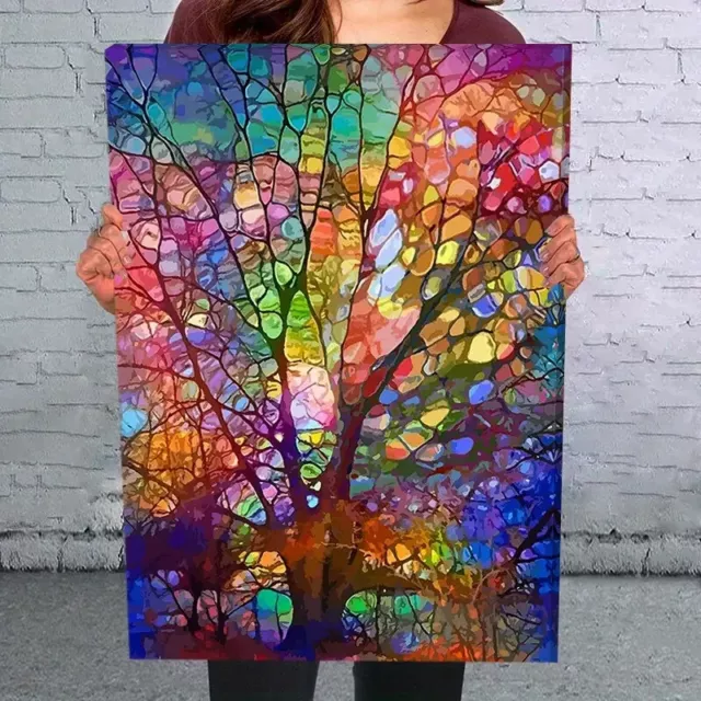 Large Tree Stained Glass Style Vibrant Framed Canvas Print 17.7" x 11.8" NEW!