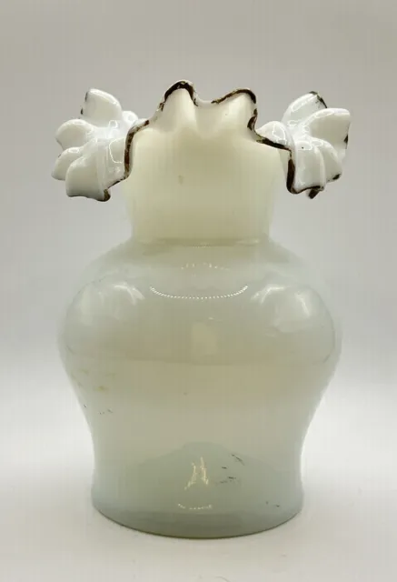Light Victorian British Ruffled Rim White Opaline Opalescent Art Glass Vase