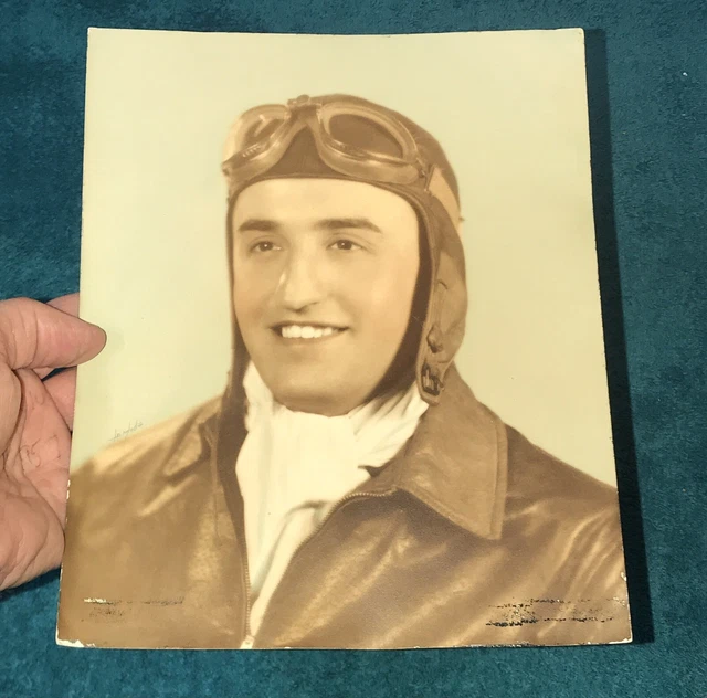 Large WWII Color Photo Of Pilot Or Bomber In Goggles, Cap, Bomber Jacket, Scarf