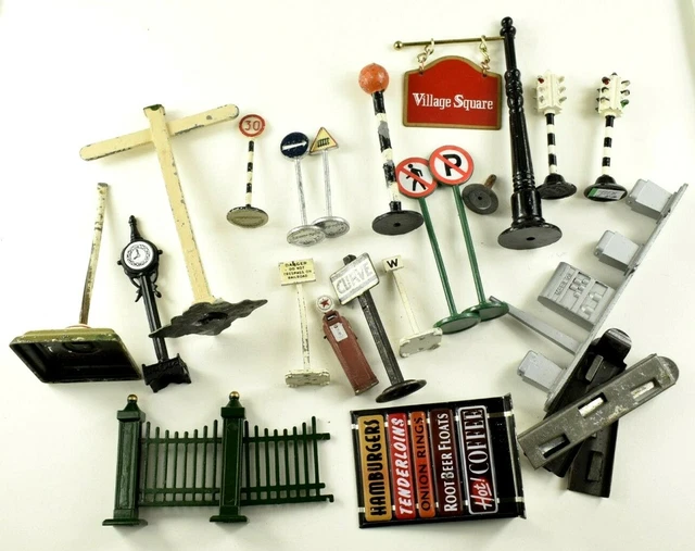 EARLY TIN METAL & Plastic Toy Train Signs Accessories Benches Model