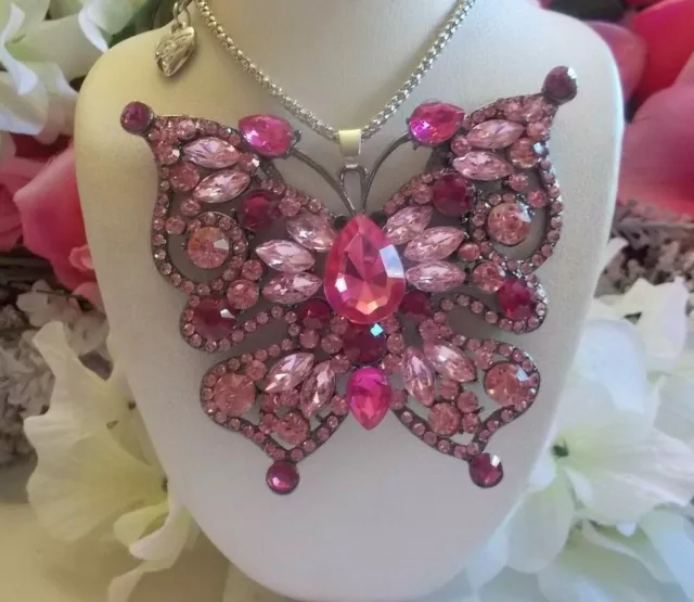 Betsey Johnson Large Mixed Pink Crystal & Rhinestone Butterfly Pendant Necklace