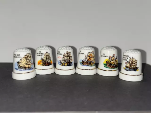 Vintage Collectible Porcelain Thimbles Set Of 6 Sailing Ships Boats