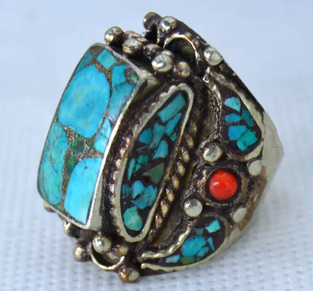 Ancient Victorian Silver Ring Amazing Vintage Gypsy Old Natural Turquoise Stones