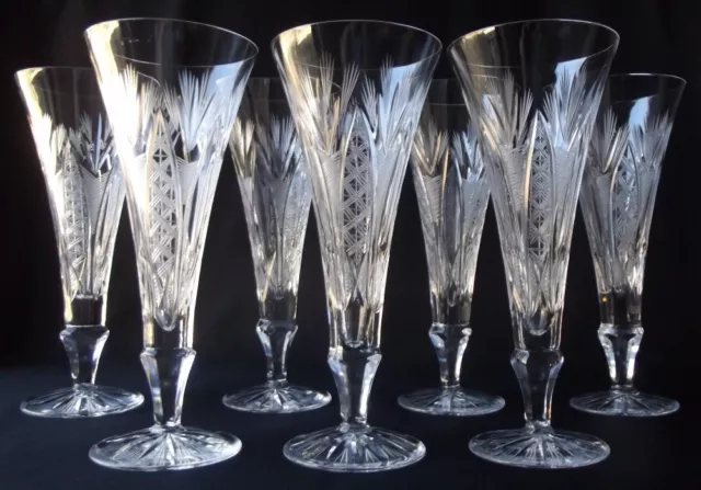 7 Rare & Exceptionally Elegant Vintage Cut & Etched Crystal Champagne Flutes