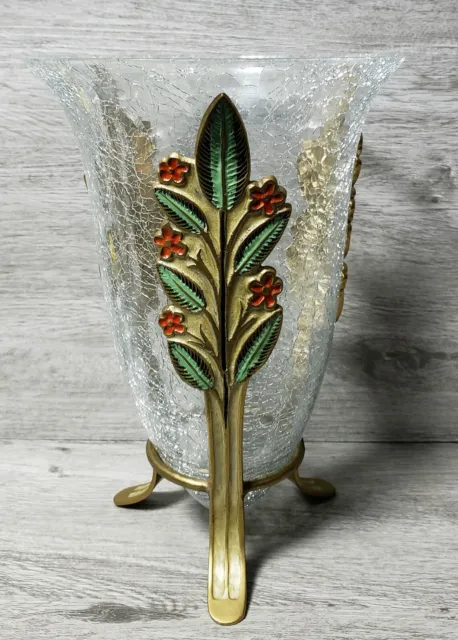 ADORE Art Deco Style Crackled Glass Vase With Brass Stand Sculpture Flowers