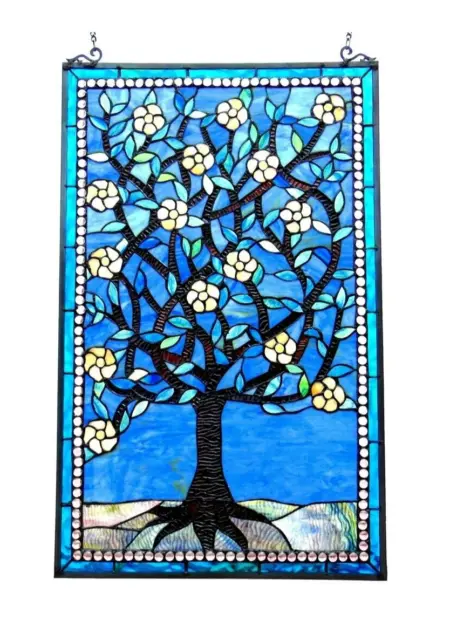 32" tiffany style stained glass window floral sky tree hanging panel