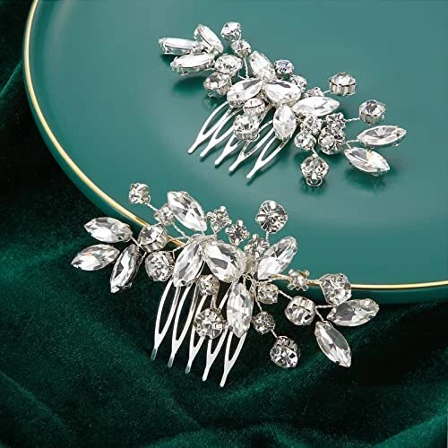 2Pcs Bridal Wedding Hair Comb Rhinestone Silver Bridal Side Comb Opal Crystal