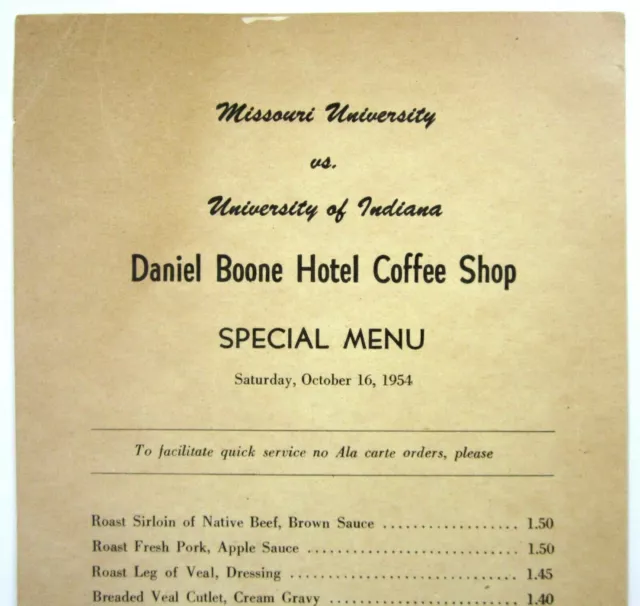 UNIVERSITY MISSOURI FOOTBALL vs Indiana Restaurant Menu Daniel Boone