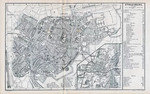 Strasbourg Straßburg 1881 kl. orig. Stadtplan + Reisef. (9 S.) Synagoge Kleber